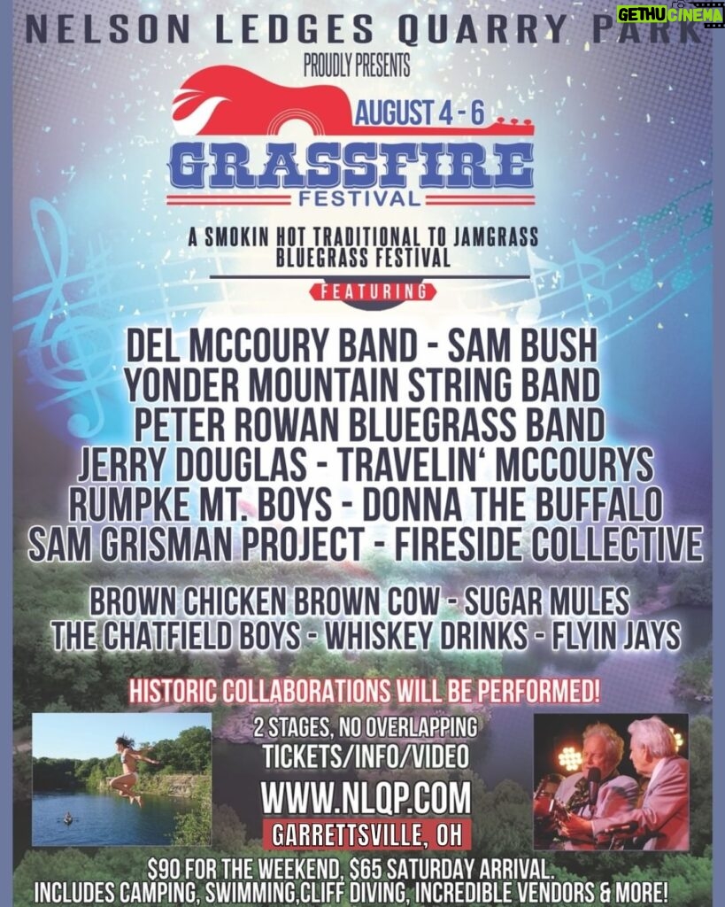 Sam Bush Instagram - THIS WEEKEND = Sam and band are taking the stage Saturday, 8/5 at the Grassfire Festival in the @nelsonledgesquarry Park! Come on out, Garrettsville, OH for a couple days of music, camping, swimming, vendors and more! Tkts and info: https://ticketquarry.com/tc-events/grassfire-2023/ #sambush #sambushband #newgrass #bluegrass #grassfirefestival #garrettsville #ohio