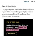 Sam Bush Instagram - You heard it here folks, MUST SEE! Sam and band will be at the @theryman next Thursday, July 6th for “Bluegrass Nights at The Ryman”! See you there. https://www.tennessean.com/story/entertainment/music/2023/06/30/12-must-see-july-concerts-in-nashville-beyonce-blink-182-and-more/70346301007/