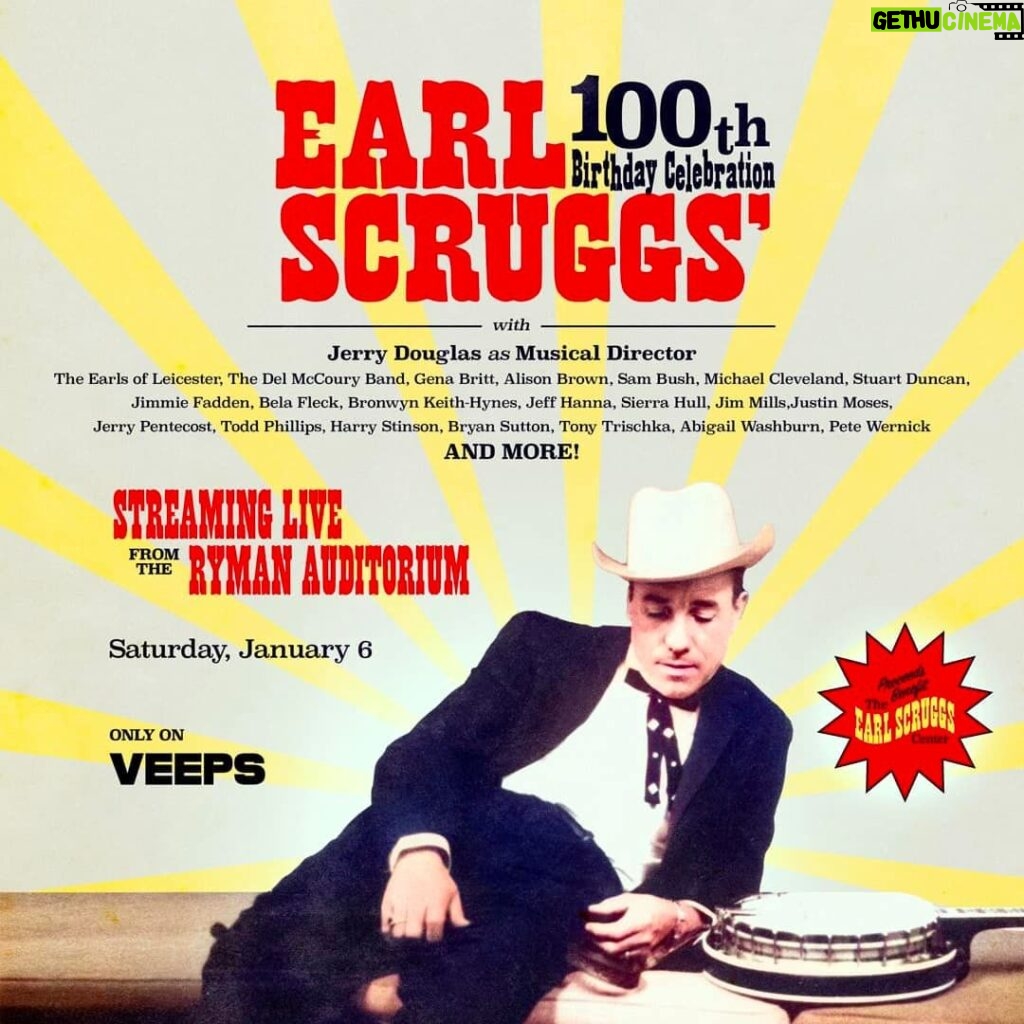 Sam Bush Instagram - Earl Scruggs' 100th birthday party at @theryman is TOMORROW, Jan 6th! Nashville, TN. Join Sam & gang, masters all, downtown for the biggest bash of the year. Very few tickets left! If you can't make to Nashville, you can stream it. Check out the live stream details using the link below: Streaming link: https://veeps.com/earlscruggs100/6fd15ef7-bdce-433f-a892-e4e229404d12?fbclid=IwAR3g6DmLAd8dQB099uC6v-lSlS6diIY1fWN20aGFIKlChVUyFrucuC_ECtM Ticket link: https://www.ryman.com/event/2024-01-06-earl-scruggs-100th-birthday-celebration-at-8-pm?fbclid=IwAR1cqav6EKBxV57EBIdJ_J4SSxucYHcfc6YC0CTI1u-Q4PsLbfgMGbwytOw #sambush #earlscruggs #jerrydouglas #rymanauditorium #nashville #tennessee #bluegrass #newgrass