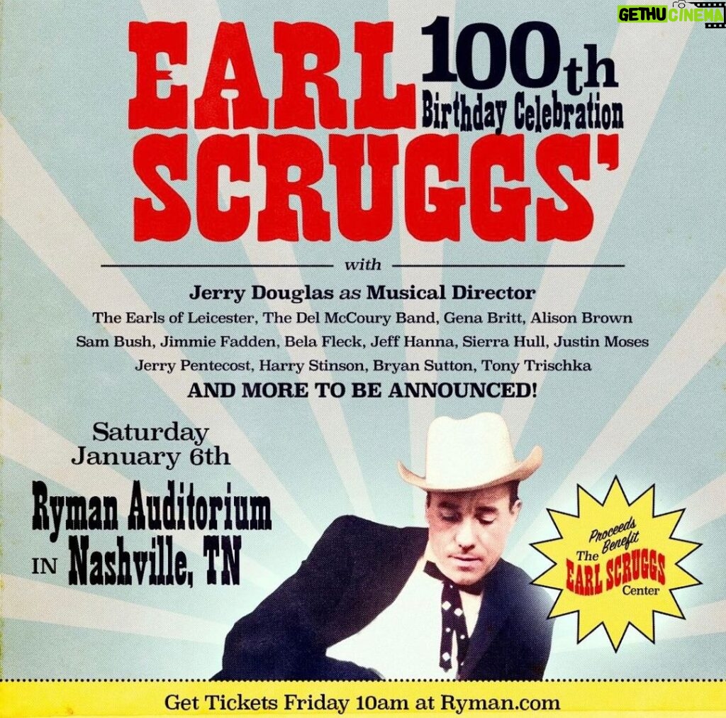 Sam Bush Instagram - What better way to kick off the year than with a birthday party? Come on out @theryman in Nashville, TN, this Saturday, January 6th, to celebrate Earl Scruggs' 100th birthday! Tkts & info: https://www.ryman.com/event/2024-01-06-earl-scruggs-100th-birthday-celebration-at-8-pm #sambush #earlscruggs #jerrydouglas #rymanauditorium #nashville #tennessee #bluegrass #newgrass