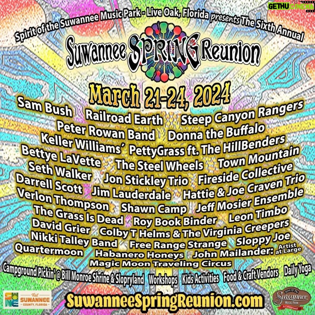 Sam Bush Instagram - Sam will be returning to Live Oak, FL for the 2024 @suwanneespringreunion! Tickets are on sale now, snag yours for a long weekend of pickin', workshops, vendors and yoga at the Spirit of the @suwanneemusicpark. Join us and some of our favorite musical buddies @railroadearth, @steepcanyonrangers, @peterrowanmusic, @kellerwilliams, @jimlauderdalemusic, @therealdarrellscott and more! While you're savoring turkey and pumpkin pie, don't miss the chance to secure your ticket! Tkts and info: https://suwanneespringreunion.com/tickets #sambush #sambushband #newgrass #bluegrass #suwanneespringreunion #railroadearth #thesteeps #peterrowan #kellerwilliams #jimlauderdale, #darellscott #liveoak #florida