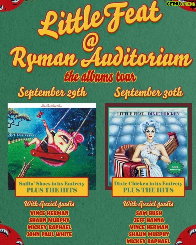 Sam Bush Instagram - TONIGHT! Nashvillians, come on down to @theryman for a historical night of music. At 7:00pm Sam, along with @jeff_hanna_ngdb, @vincehermanband, @shaunmurphyband, and @mickeyraphael will join @littlefeat_official to perform the Dixie Chicken album and more hits! You won't want to miss it. Tickets are still available for purchase here: https://www.ryman.com/event/2023-09-29-30-little-feat #sambush #nashville #theryman #littlefeat #dixiechicken