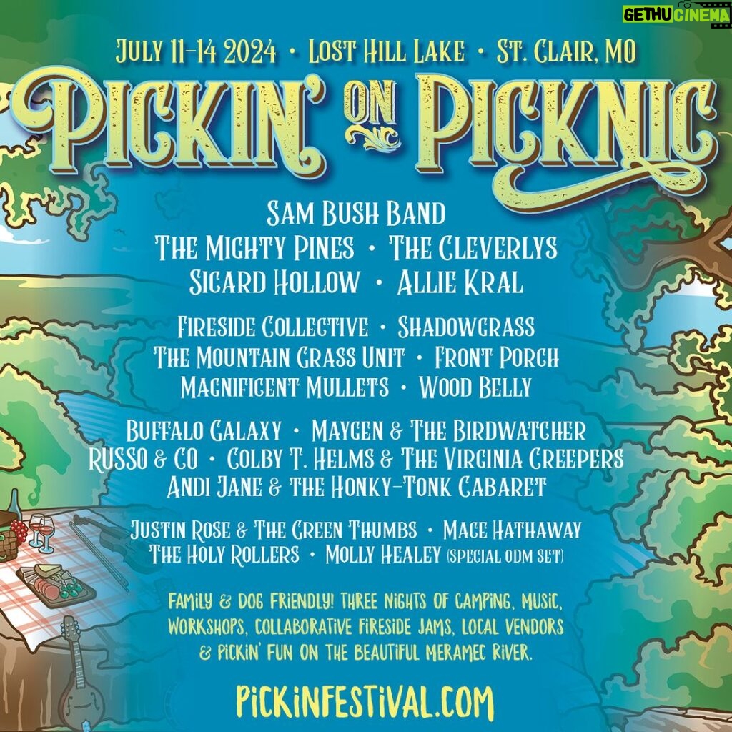Sam Bush Instagram - Sam and band are headlining Pickin’ On Picknic (@pickinfestival) this July! Join the boys in St. Clair, MO at Lost Hill Lake (@losthilllakeevents) for some newgrass by the water! The festival is complete with camping, workshops, local vendors and, of course, jams for four days straight! Daily schedule TBA. Tkts on sale now: https://pickinfestival.com/tickets-2024/ #sambush #sambushband #newgrass #bluegrass #pickinonpicknic #losthilllake #stclair #missouri