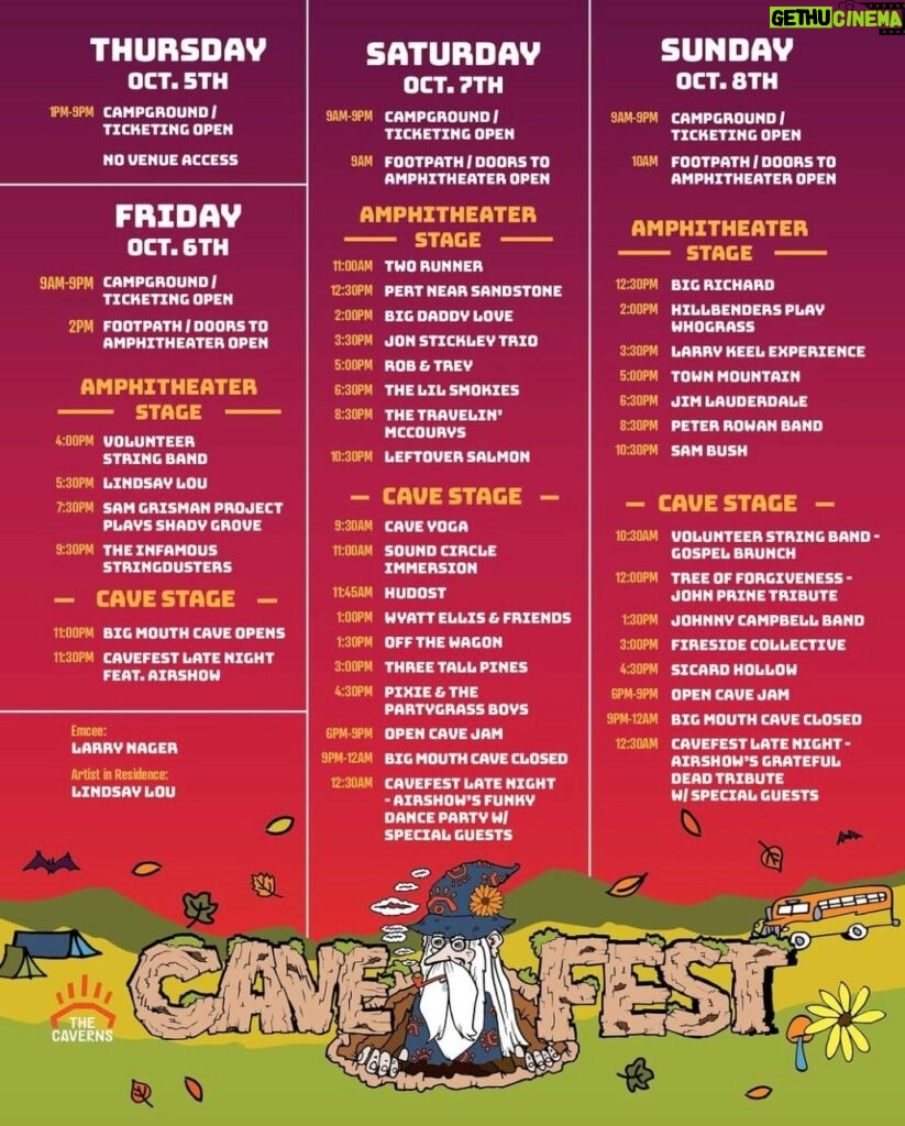 Sam Bush Instagram - The 2nd Annual CaveFest is nearly upon us! Sam and band are returning to @thecavernstn in Grundy County, TN on Sunday, October 8th for this special fester. Head to the Amphitheater Stage to catch the boys live at 10:30PM! Tickets are still available, get yours today: https://www.thecaverns.com/featured/cavefest #sambush #sambushband #newgrass #bluegrass #cavefest #thecaverns #grundycounty #tennessee