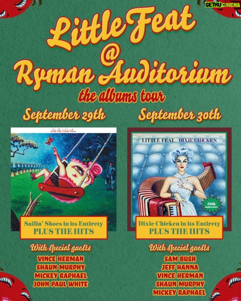 Sam Bush Instagram - NEXT WEEKEND! Come on out for a night in Nashville at the renowned @theryman Auditorium. On Saturday, Sept 30th Sam is joining @littlefeat_official, who will be performing the Dixie Chicken album and the hits with Sam, @jeff_hanna_ngdb, @vincehermanband, @shaunmurphyband, and @mickeyraphael! More details and tickets avail at: https://www.ryman.com/event/2023-09-29-30-little-feat #sambush #nashville #theryman #littlefeat #dixiechicken
