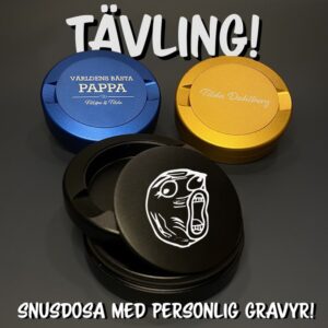 Sami Jakobsson Instagram - Jag snusar inte själv, men det är ju irelevant förvisso😂
Som en liten bonus till nya året så lottar jag ihop med @lugu.se ut en snusdosa med valfri personlig gravyr på.

För att delta i tävlingen så behöver du:
- Gilla bilden
- Följa @lugu.se 
- Följa @spacetrooperjacobsson 
- Kommentera 🎉🎉🎉 när ni är klara

Vinnaren lottas slumpmässigt ut den 6 jan bland dom som uppfyllt kriterierna🥳🥳