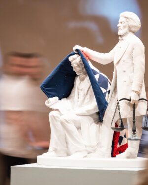 Sanford Biggers Instagram - ‘Lifting The Veil’ (2023)

White Carrara marble, antique quilt 
H: 45.5 in x W: 30.38 in x D: 28.95

📸 3: ‘Booker T. Washington Lifting The Veil of Ignorance’

Inscription: “He lifted the veil of ignorance from his people and pointed the way to progress through education and industry.”

#studiosanfordbiggers #remancipationproject #history #frederickdouglass #abrahamlincoln #bookertwashington