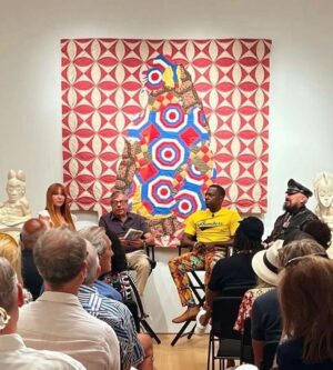 Sanford Biggers Instagram - Outtakes from the weekend @petermarinoartfoundation 

🙏🏿 @bobcolacello for “Brunch With Bob” 
🍪 by @sweethaze.cakes 
📸: @baldwingallery 
@petermarinoartfoundation 

On view through August 13, 2022.

#studiosanfordbiggers #petermarinoartfoundation #sculptureart #quilting #history