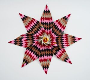 Sanford Biggers Instagram - Find me at booth A1 with @massimodecarlogallery for Frieze NYC 🙏🏿

“Soft Geometries, is the presentation of a solo project by New York-based conceptual artist Sanford Biggers.

At Frieze New York, Biggers unveils a survey of new vibrant sculptural quilts that defy traditional artistic boundaries. The new works included in Soft Geometries are part of Biggers’ Codex series, which are infused with a lexicon of layered histories and symbols drawn on an expansive array of references.

The Codex series include mixed media paintings and sculptures done directly on or made from pre-1900 antique quilts. This process, like linguistic code-switching, recognizes language plurality, as the quilts signal their original creator’s intent and the new layers of meaning given to them through Biggers’ artistic intervention.

Biggers uses history as a malleable material, which he repurposes
and reinterprets, connecting temporalities of the past and future in homage to the stories of objects while allowing for new conceptual possibilities – what the artists call “future ethnographies.” Materializing history, Biggers positions himself as a collaborator of the past while also examining the current sociopolitical landscape. Biggers repurposes antique quilts to explore their iconographic importance as a kind of secret language, delving into the long-debated historical narrative that such quilts signaled safe spaces along the Underground Railroad.” - @massimodecarlogallery 

📸: @daniel_greer 

1: Fire Flower, 2023
Antique quilt, assorted textiles Approx.
63 × 63 × 5 in
160 × 160 × 12.7 cm

3: Soft Geometry, 2023
Antique quilts, assorted textiles Approx.
38 x 38 in
96.5 × 96.5 cm

5: Boogie Down (BX Boogie Woogie), 2023
Antique quilts, birch plywood, gold leaf
59 3/8 x 31 1/2 x 14 7/8 in

#StudioSanfordBiggers #FriezeNY #NewYork #MASSIMODECARLO