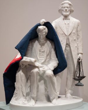 Sanford Biggers Instagram - ‘Lifting The Veil’ (2023)

White Carrara marble, antique quilt 
H: 45.5 in x W: 30.38 in x D: 28.95

📸 3: ‘Booker T. Washington Lifting The Veil of Ignorance’

Inscription: “He lifted the veil of ignorance from his people and pointed the way to progress through education and industry.”

#studiosanfordbiggers #remancipationproject #history #frederickdouglass #abrahamlincoln #bookertwashington