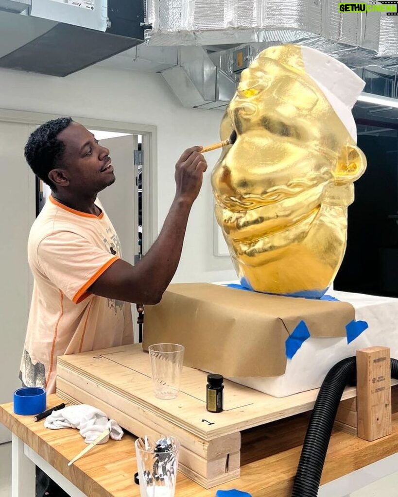 Sanford Biggers Instagram - 👁️ Oneroi (Relic 1) Back to the Stars is on view through October 28 ✨ Oneroi (Relic 1), 2023. Cast marble, assorted textiles, mixed media, gold leaf on custom cedar plinth, unique within a series 36 x 22 x 19 in Plinth: 30 x 22 x 26 in #studiosanfordbiggers #chimera #sculpting #history #quilting #hybrid #histories Monique Meloche Gallery