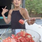 Sangita Patel Instagram - Watermelon feta salad HIGH 🍉 Simple, plays with your palette with every bite! #Watermelon (tip: look for a nice yellow spot and webbing) Red onions Feta #Mint and #basil Lime zest Drizzle some Balsamic vinegar (Just eyeball it, lol) Me so happy that you are enjoying the fun adventurous salad recipes Enjoy😊 #SummerSalad #CookinWithSangi