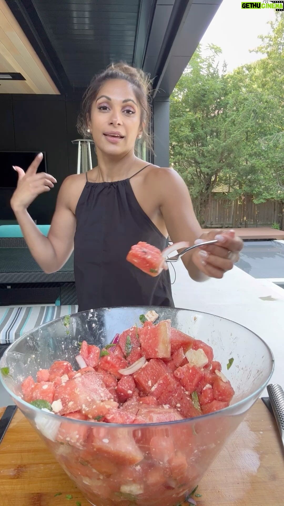 Sangita Patel Instagram - Watermelon feta salad HIGH ๐ Simple, plays with your palette with every bite! #Watermelon (tip: look for a nice yellow spot and webbing) Red onions Feta #Mint and #basil Lime zest Drizzle some Balsamic vinegar (Just eyeball it, lol) Me so happy that you are enjoying the fun adventurous salad recipes Enjoy๐ #SummerSalad #CookinWithSangi