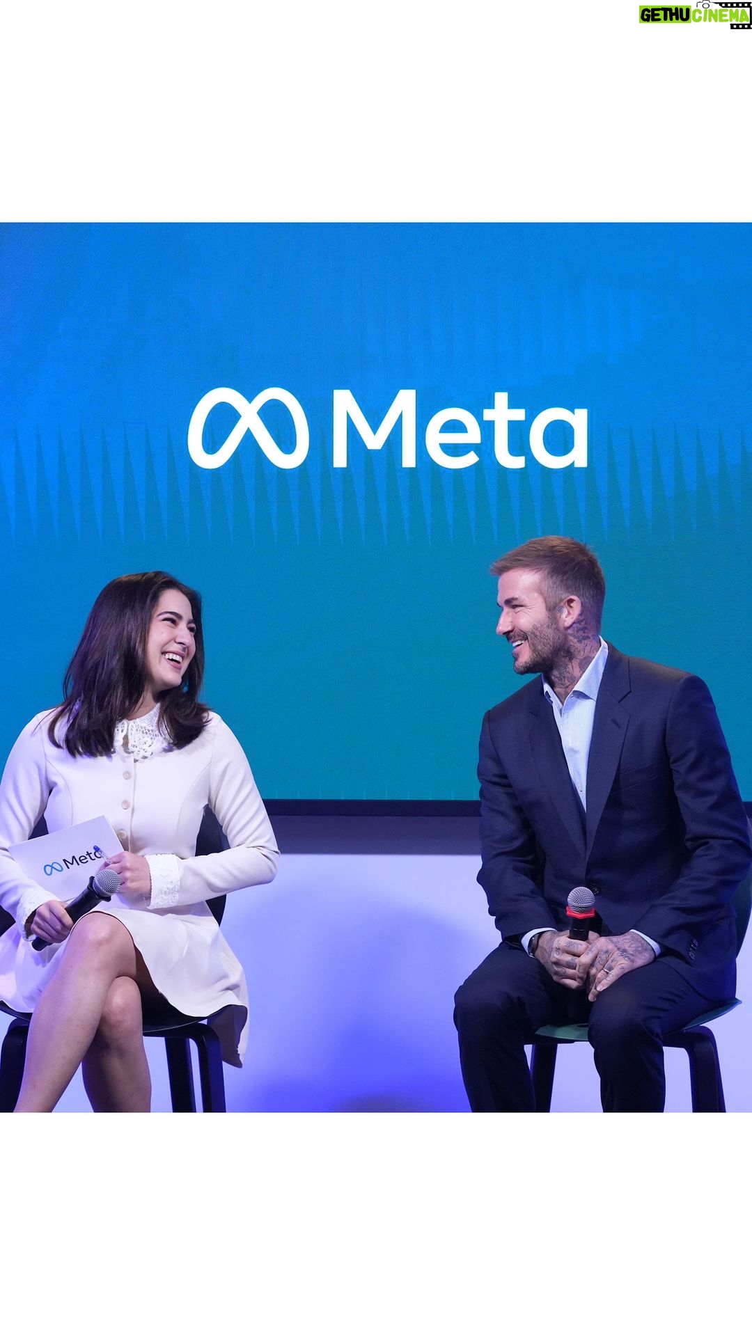 Sara Ali Khan Instagram - What a lovely experience to chat with the humble legend @davidbeckham ⚽️💫 🙌 More than just the celebrity we all admire, it was so amazing to hear this philanthropist talk about equality and education for the girl child with so much care and compassion. Truly inspiring to see someone use their resources, voice and stature to try and make a difference. Here’s hoping more and more people continue to do the same 🌎☮️💟💫 @metaindia #BeckhamXSara @dcatalent