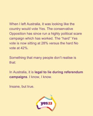 Sarah Wilson Instagram - I’ve written a rant: DON’T JUST VOTE YES, Voice up! The full thing is in bio and stories. 
We need to take down Dutton et al's misinformation campaign. We can’t be a nation that wakes up on Oct 15 to the news that we were duped by lies! 

Link to the full @substackinc  post in stories and bio.
#yes23 @yes23au @f_yes23 #voteyes #yes23