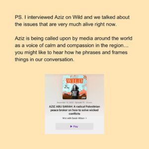 Sarah Wilson Instagram - Sometimes in history, it’s inappropriate to have a hot take. Which is not the same as “remaining silent/apathetic”, nor “not having a moral stance on war crimes and human rights violations”. (Please don’t mince my words or intent without reading what I’ve written on the matter here and beyond… it will only add to the horrible conflict that the nefarious forces are wanting us to be all be sucked into.) This, from my recent @substackinc  post. I’ve put the link to the Wild podcast chat with @azizabusarah in stories…He’s a National Geographic Explorer and Ted Fellow and has founded and led countless global conflict resolution organisations including Bereaved Families Forum and the Center for World Religions, Diplomacy and Conflict Resolution at George Mason University and co-founded (with an American Israeli-Jew) the first dual narrative tour company (led by a guide from each “side”). We recorded this episode in Tel Aviv exactly a year ago, a few days before the Israeli election and we cover boycotts, settlements, Jerusalem (capital or not) and two wild strategies that *actually* work for most conflicts.