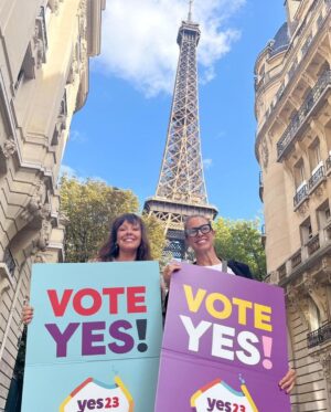 Sarah Wilson Instagram - Today Wiradjuri woman @tara_june_winch and I voted YES at the @australieenfrance in Paris and we felt we were doing something on the GOOD, KIND side of history.
Australian embassies are open from today…expats, go forth! Make a party of it. Have lunch after. We did.
When we’re not doing democracy, we both try to write books (have you read Tara’s Miles Franklin-winning The Yield yet? or listened to our podcast chat on Wild?) and talk big and late about “it all” in terraces in Paris. 
Be great, Australia 🇦🇺