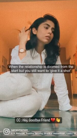 Saras Menon Instagram - It’s not a dead-end relationship, it’s just a you’ll end up dead of confusion kind of situation….. you know what I mean ?😂🥲 You’re not alone if you’ve done this, support group available in comments for the naive romantics acting like teenagers in their twenties 😍🥰