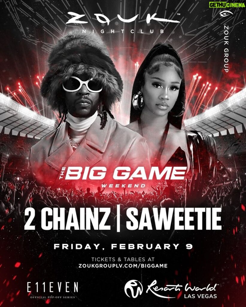 Saweetie Instagram - Vegas !!! It’s up this weekend! THIS Friday, Feb 9 at #ZoukNightclub with @2Chainz ❄️ #doitforthebay ❤️