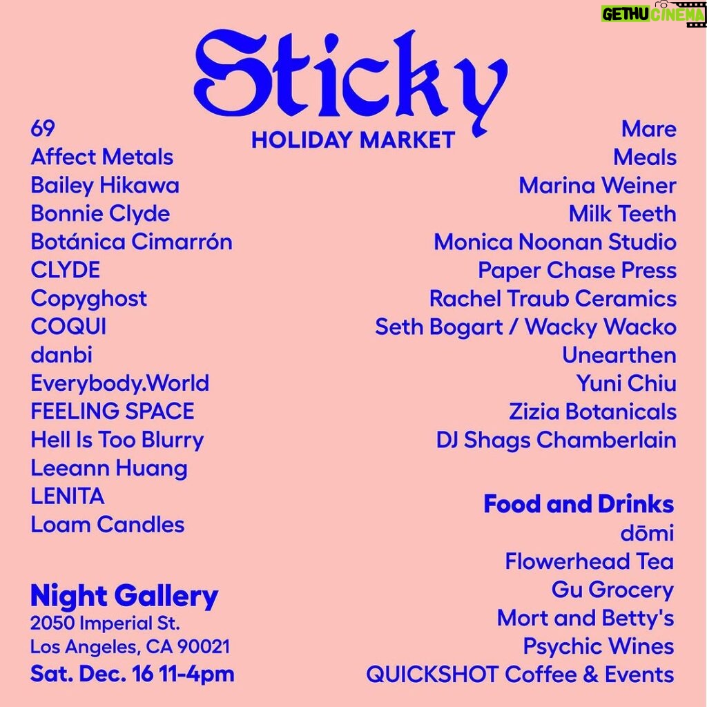 Seth Bogart Instagram - I will have a bunch of matchbooks and lots more this Saturday in LA at STICKY Holiday Fair at @nightgallery . If you can’t make it there’s always stuff at www.wackywacko.com ALSO 🚨it’s the last 2 weeks to see my show in NYC at @fiermangallery 🚨 closes Dec 23. Sticky ✧˖°. a 1 day holiday market ✧˖° hosted @nightgallery organized by @baileyhikawa & @ziziabotanicals Saturday Dec. 16 11am - 4pm Night Gallery 2050 Imperial St., Los Angeles, CA 90021 Wheelchair accessible Free street parking We are bringing together our small community of LA brands that represent the sticky practice of art, design, and life. Featuring over 30 small businesses plus food, art and vinyl party jams by DJ @5hags Swing through, bring a friend or all of them. This is a free event, please RSVP via link in bio. RSVP link to paste: https://rb.gy/onjlpu Brands: @69us @affect.metals @baileyhikawa @bird_monet @bonnieclyde @botanicacimarron @clyde.world @copyghost_ @coqui__coqui @danbi.danbi.danbi @everybody.world @feeling__space @hellis2blurry @weensworld_ @leeann.huang @lenitabygrita @loamcandles @mare___la @meals.clothing @paperchasepress @rt.ceramics @sethbogartofficial @wackywacko @shop_mik_teeth @unearthen @yun______yu @ziziabotanicals Food & Drinks: @psychicwinesla @quickshotla @flowerheadtea @mortandbettys @eatdomi @gu_grocery DJ @5hags