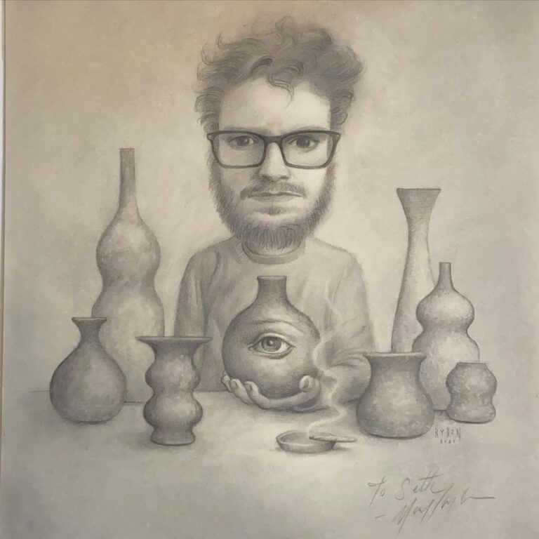 Seth Rogen Instagram - It’s a real mindfuck when one of your favorite artists draws a picture of you doing your favorite things. Thank you so much @markryden for this. When I moved in to my first apartment I printed out Ryden’s paintings at Kinkos and hung them on my wall. So this is fucking dope and surreal. Yay.