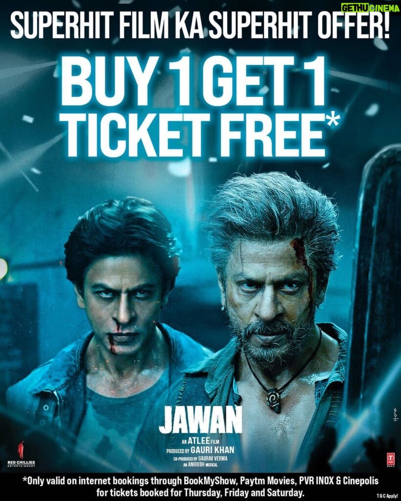Shah Rukh Khan Instagram - Bhai ko, behen ko… Dushman ko, Yaar ko… And of course, apne Pyaar ko… Kal Jawan dikhaaiyega! Chacha-Chachi, Phoopha-Phoophi, Maama-Maami… Yaani Poore Parivaar ko. Sab ke liye ek ke saath ek free ticket!!! Toh kal se… Parivaar, yaar aur pyaar… Just Buy 1 ticket and get the other 1 FREE!* Wholesome entertainment with the whole family. In cinemas near you - in Hindi, Tamil & Telugu *T & C Apply