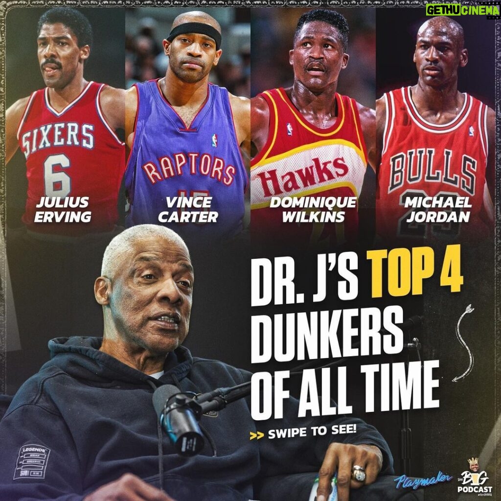 Shaquille O'Neal Instagram - Dr. J shares his top dunkers of All-Time! Who’s on your list?! Tap into @thebigpodwithshaq for more from the latest episode!