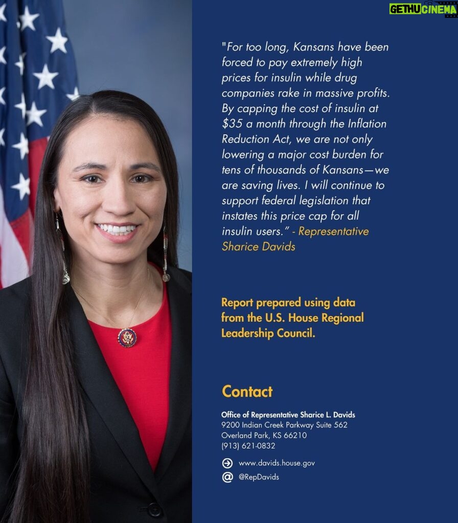 Sharice Davids Instagram - For too long, Kansans have been forced to pay extremely high prices for insulin while drug companies rake in massive profits. Today, I released a report on how a law I supported last year has drastically lowered the cost of insulin for folks in #KS03. By capping the cost of insulin, we are not only lowering a major cost burden for tens of thousands of Kansans — we are saving lives. I will continue to support federal legislation that instates this price cap for all insulin users and lowers the overall cost of health care.