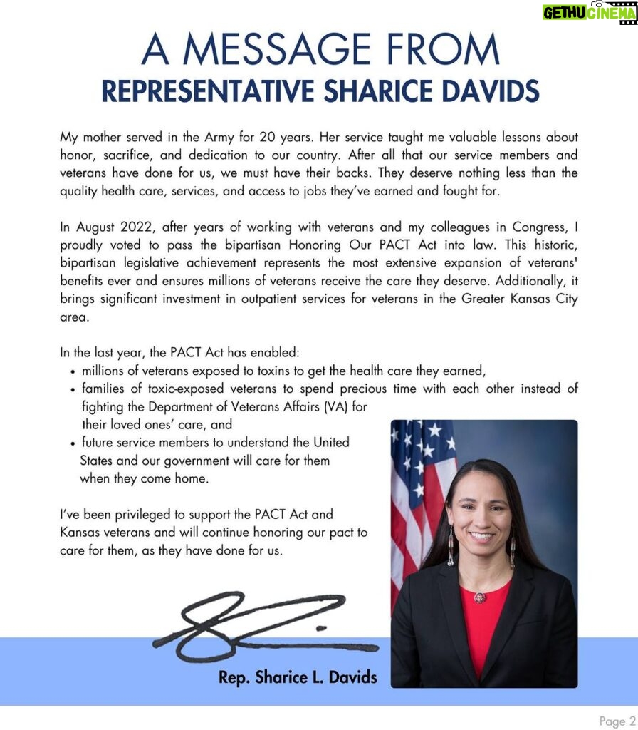Sharice Davids Instagram - This week is the 1-year anniversary of the PACT Act being signed into law. It expanded health care benefits to 5 million veterans exposed to toxins while deployed! During a discussion with local veterans and health care professionals earlier today, I released a report that finds over 1,000 veterans in Kansas’ Third District are taking advantage of the PACT Act’s expanded health care benefits. We can’t understate how big of a difference this legislation is having in Kansas and across the country!