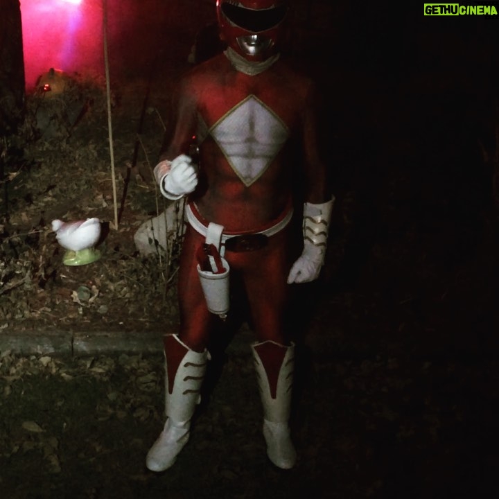 Shaun Johnston Instagram - My hero Son, Cael, taking a break from dishing out candy on Halloween night to find some “Morphin’ Time”. Happy Halloween!! Sj