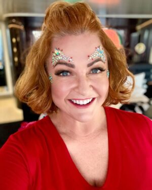 Shelly Horton Instagram - Are you red-y for it? 

Scarlet Night I’m ready for you! 

Sparkly face thanks to @virginvoyages 
Scarlet top thanks to @leinaandfleur 
Sparkly pants thanks to @stylingyouthelabel 
Dangerous heels thanks to @prada 

What could possibly go wrong? 

Final night on Virgin and we plan to end with a bang. Save our souls. 

#scarletnight #virginvoyages #partlygifted #hellosailor
