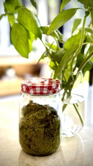 Shelly Horton Instagram - Homemade pesto! 

Using my basil bounty and discovering I actually like it!

Ingredients
2 cups fresh basil leaves, packed 
1 cup shredded Parmesan cheese
10 tbsp extra virgin olive oil
1.5 cup toasted pine nuts 
2 big teaspoons minced garlic 
Salt and pepper 

Blitz it all and enjoy!