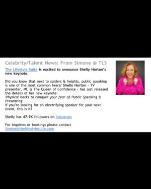 Shelly Horton Instagram - I am super excited to reveal my new keynote speech “Speak with Impact”

Next to spiders and heights, public speaking is one of the most common fears. 

I will teach you to control that fear. 

I will reveal the transformative power of simple physical exercises. 

By releasing tension in your neck, face, and mouth, you'll unlock the self-assurance needed to pitch ideas, deliver flawless presentations, and fearlessly climb the career ladder. 

I have extensively researched the connection between body and mind, and discovered the importance of using physical techniques to control mental anxiety and project confidence. 

Embrace my tips and tricks and watch your professional and personal life soar as you conquer team meetings, own networking events, and navigate difficult conversations with ease.

To book me for your next event or conference contact my fabulous agent @simslstyle at the @lstylesuite 

Or click the link in my bio. 

Are you afraid of public speaking? What holds you back?