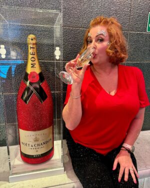 Shelly Horton Instagram - Are you red-y for it? 

Scarlet Night I’m ready for you! 

Sparkly face thanks to @virginvoyages 
Scarlet top thanks to @leinaandfleur 
Sparkly pants thanks to @stylingyouthelabel 
Dangerous heels thanks to @prada 

What could possibly go wrong? 

Final night on Virgin and we plan to end with a bang. Save our souls. 

#scarletnight #virginvoyages #partlygifted #hellosailor