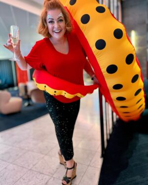 Shelly Horton Instagram - Are you red-y for it? 

Scarlet Night I’m ready for you! 

Sparkly face thanks to @virginvoyages 
Scarlet top thanks to @leinaandfleur 
Sparkly pants thanks to @stylingyouthelabel 
Dangerous heels thanks to @prada 

What could possibly go wrong? 

Final night on Virgin and we plan to end with a bang. Save our souls. 

#scarletnight #virginvoyages #partlygifted #hellosailor