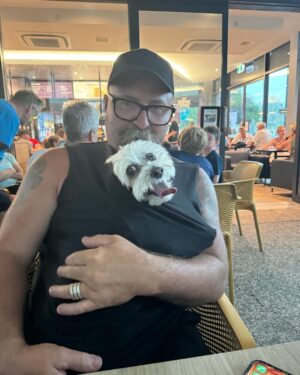 Shelly Horton Instagram - Walking at Coolum Beach and saw 4 Manta Rays and 2 green turtles.

Moments later we were hit by a massive storm and had to shelter in a cafe.

Checkout Mr Barkley - the hates thunder so Darren improvised on a thunder shirt!