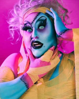 Sherry Pie Instagram - Falling apart? You can always put yourself back together! 
Happy Halloween Ghouls💙💖🖤
Art by Ghastly Surgeons 
#halloween #happyhalloween #monsterhigh #pink #blue #sherrypie #frankenstein #mummy #neon #drag #dragqueen #makeup #queer #queerartist #photography #gayart #nyc #keepgoing #lgbt #mentalhealth #camp #campclassic #horror #queerart #yellow #monsters #makeupartist #hallowqueen #beauty #horror #bpdawareness