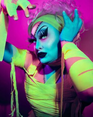 Sherry Pie Instagram - Falling apart? You can always put yourself back together! 
Happy Halloween Ghouls💙💖🖤
Art by Ghastly Surgeons 
#halloween #happyhalloween #monsterhigh #pink #blue #sherrypie #frankenstein #mummy #neon #drag #dragqueen #makeup #queer #queerartist #photography #gayart #nyc #keepgoing #lgbt #mentalhealth #camp #campclassic #horror #queerart #yellow #monsters #makeupartist #hallowqueen #beauty #horror #bpdawareness