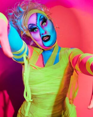 Sherry Pie Instagram - Falling apart? You can always put yourself back together! 
Happy Halloween Ghouls💙💖🖤
Art by Ghastly Surgeons 
#halloween #happyhalloween #monsterhigh #pink #blue #sherrypie #frankenstein #mummy #neon #drag #dragqueen #makeup #queer #queerartist #photography #gayart #nyc #keepgoing #lgbt #mentalhealth #camp #campclassic #horror #queerart #yellow #monsters #makeupartist #hallowqueen #beauty #horror #bpdawareness