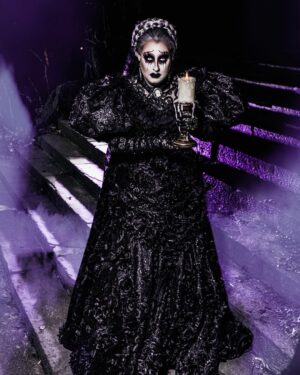 Sherry Pie Instagram - Serpents and spiders, tail of a rat; call in the spirits, wherever they're at! It’s considered a collect call just FYI….. 
Art by Mystics 
👻🔮👻
#hauntedmansion #haunted #drag #dragqueen #gay #queer #bride #photography #queerphotography #gayart #halloween #makeup #ghost #sherrypie #nyc #backinblack #queerart #ghost #spooky #mentalhealth #comedy #tragic #blackdress #fashion #showgirl #purple #thehauntedmansion #disney #fun #postivevibes #grayhair