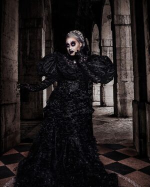 Sherry Pie Instagram - Serpents and spiders, tail of a rat; call in the spirits, wherever they're at! It’s considered a collect call just FYI….. 
Art by Mystics 
👻🔮👻
#hauntedmansion #haunted #drag #dragqueen #gay #queer #bride #photography #queerphotography #gayart #halloween #makeup #ghost #sherrypie #nyc #backinblack #queerart #ghost #spooky #mentalhealth #comedy #tragic #blackdress #fashion #showgirl #purple #thehauntedmansion #disney #fun #postivevibes #grayhair