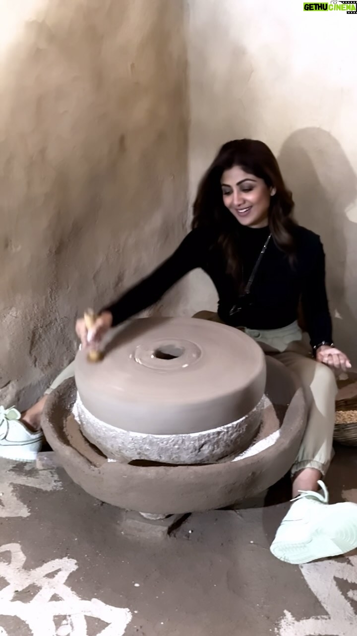 Shilpa Shetty Instagram - During my recent visit to Rajasthan, when I saw a chakki, I knew I had to do it. And, oh my God! What a workout! No wonder the Chakki Chalasana strengthens the arms, improves digestion, stimulates the reproductive organs, and increases the flexibility of the back & hamstring muscles. (Going back to your roots and working the actual chakki also gives you immense respect for the people who do it regularly 🫡) Make sure to avoid practising this asana if you have back pain, suffer from slip-disc, and during pregnancy. Have you ever worked on a chakki before? Let me know in the comments below! 👇 #MondayMotivation #SwasthRahoMastRaho #Yoga #FitIndia #ChakkiChalasana #IncredibleIndia #SimpleSoulful #BackToYourRoots