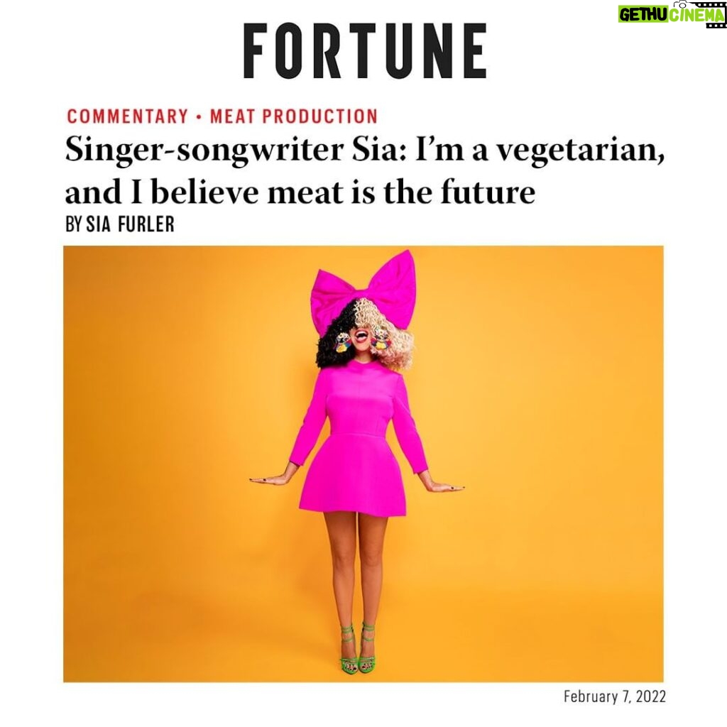 Sia Instagram - "Imagine, real meat without slaughter. Without antibiotics. Without hormones. Without bulldozing rainforests. Without consuming all our precious land, water and energy to make the staples that have served as the mainstay of our diets for generations. Believe it or not, all of this is within reach. And it’s why, even as a staunch animal lover, environmental advocate and vegetarian, I believe meat is the future." Read more // link in bio. - Team Sia
