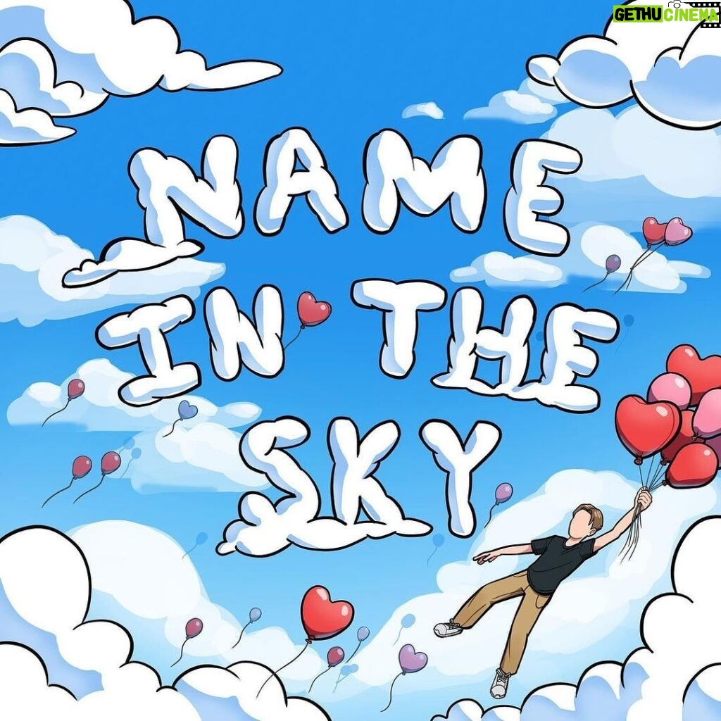 Sia Instagram - My bonus son @audioclayton just put this sweet little nugget out! Go have a listen at the link in my bio! He’s been my bonus baby since he was 3! [image description: the animated version of Audio’s single “Name In The Sky” with clouds spelling out the single name and Audio floating with heart balloons]