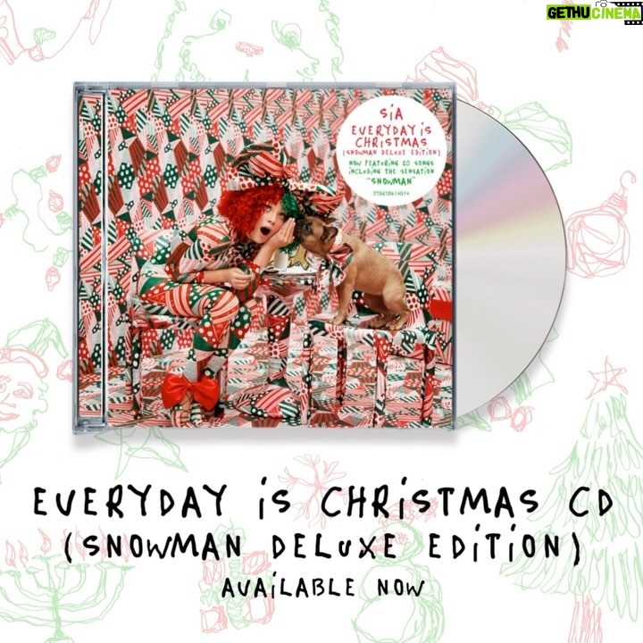 Sia Instagram - The most wonderful time of the year is here! The ‘Everyday Is Christmas (Snowman Deluxe Edition)’ is on CD for the first time ever 🎁☃️🎶 - Team Sia [video description: an animated mock-up of Sia’s ‘Everyday Is Christmas (Snowman Deluxe Edition)’ CD]