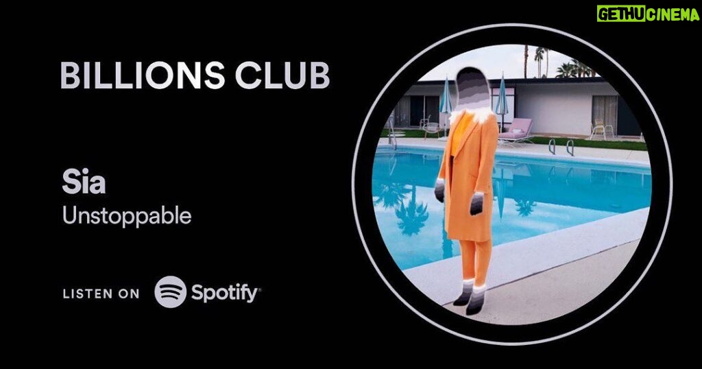Sia Instagram - Sia's literally *Unstoppable* - celebrating her 6th song to hit 1 billion streams on @spotify 🎉🪩 - Team Sia [image description: a black graphic with the 'Reasonable Woman' album cover on the right side with the text "BILLIONS CLUB" on the top left corner, “Sia" "Unstoppable" in the middle and "Listen on Spotify" on the bottom right corner]