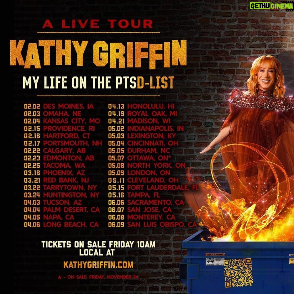 Sia Instagram - One of my dearest friends @kathygriffin is going on tour and she’s a funny, kind hardworking earnest comic about her struggles her life on the PTSD list! Go check her out and support a good egg! Tickets at the link in her bio. [image descriptions: Kathy Griffin’s admat for her PTSD-LIST tour with Kathy laughing, the dates for Kathy Griffin’s tour]