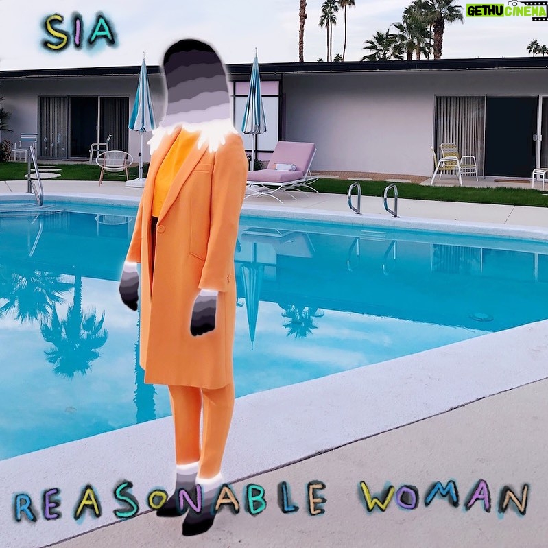 Sia Instagram - No ifs, and or bows about it 🎀 Sia's new album 'Reasonable Woman' is out everywhere this spring! The webstore pre-order is now live - grab the exclusive orange vinyl (limited to 500) there now - link in bio - Team Sia [image description: The cover of Sia's album 'Reasonable Woman' that shows her standing in front of a swimming pool in an orange suit.]