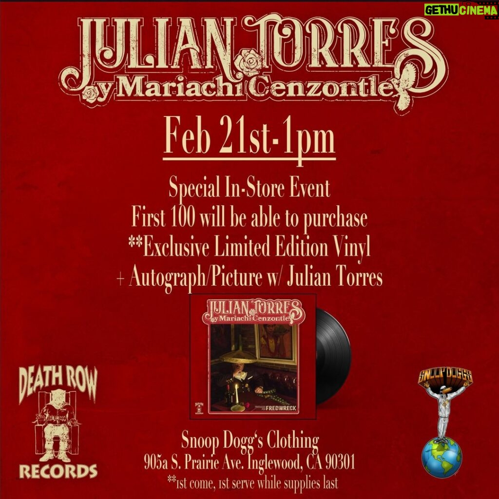 Snoop Dogg Instagram - Pull up to @snoopysclothing TODAY 2/21 for an in-store signing by @deathrowrecords artist @juliantorres_oficial 👊🏿🎤🪇🪘 Tha Dogg House
