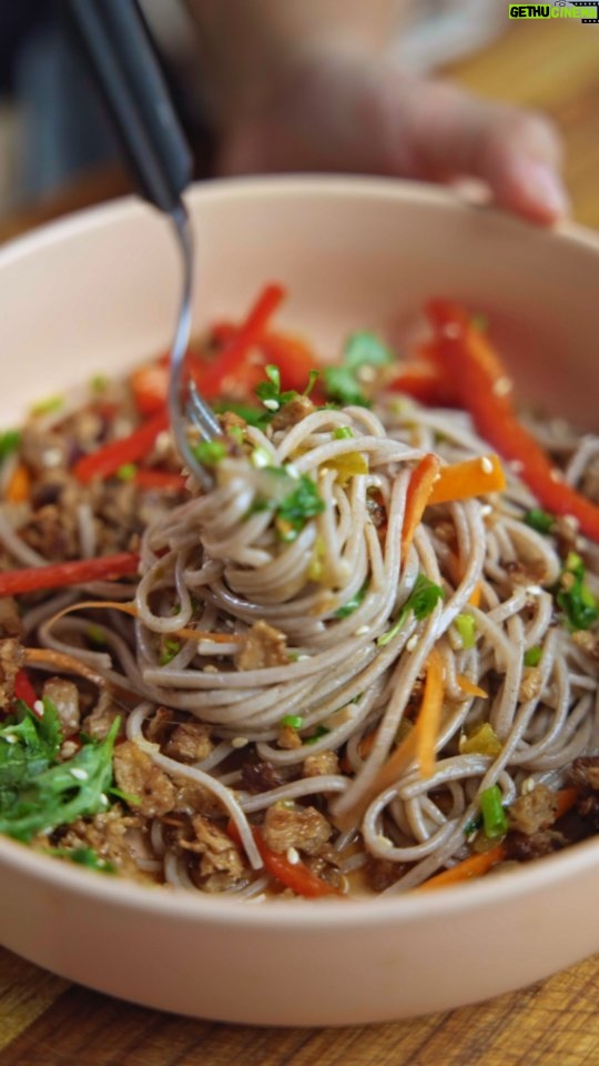 Solenn Heussaff Instagram - Hope you love this super easy soba recipe! Will be posting more @meetunmeat.ph recipes in the next #meatlessmondays to come. Would love to see your version of this dish as well!! #MeetUnmeat #unbelievablyunmeat #unMEATMondays You will need: - Soba noodles - thinly slice red bell peppers and carrots Dressing: - 4 Tbs and 1 tsp sesame oil - scallions - 1 jalapeño minced - salt - 1/2 cup cilantro - sesami seeds for topping - scallions for topping -lemon Giniling: - 1 pack Unmeat giniling - soy sauce -sesami oil - mirin - onions - sugar